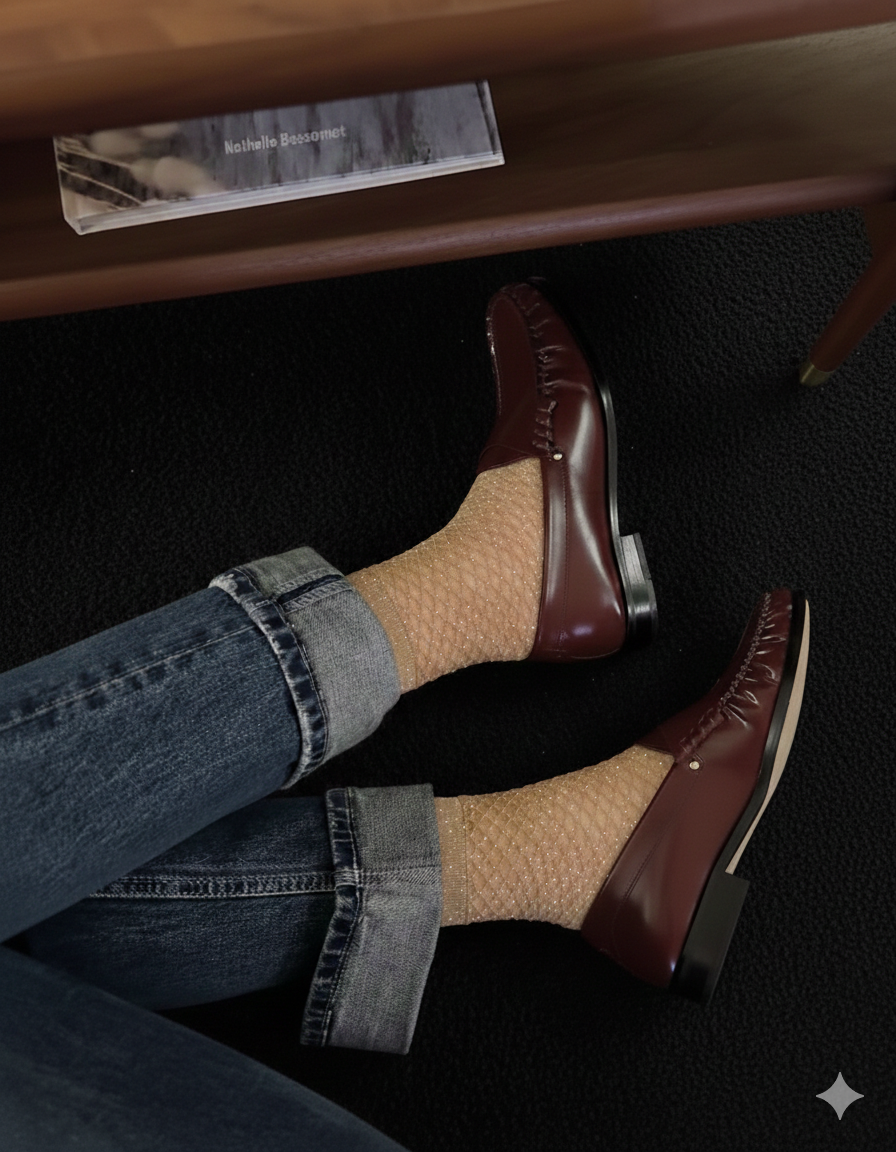 2'li File Desenli Gold Simli Kadın Soket Çorap – Şeffaf Işıltılı Lüks Çorap