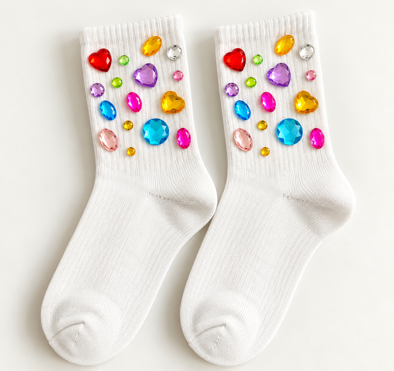 Renkli Taşlı Bedazzled Soket Çorap-Beyaz